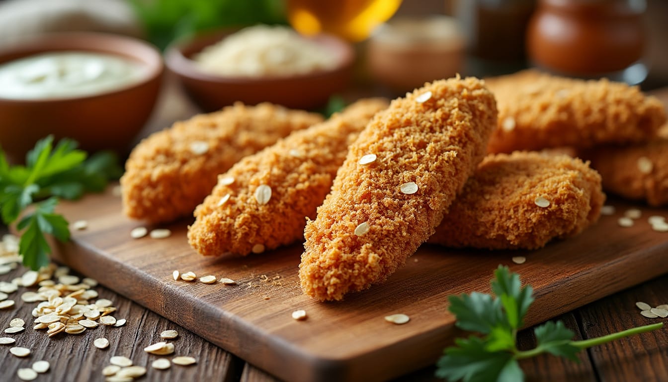 Préparation savoureuse de chicken tenders enrobés de flocons d’orge