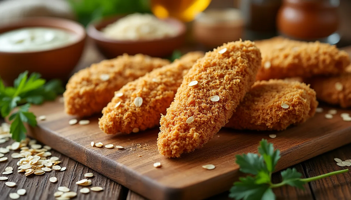 Préparation savoureuse de chicken tenders enrobés de flocons d’orge