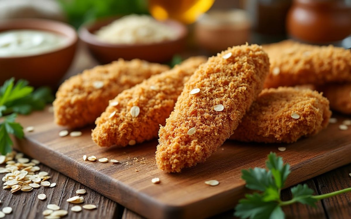 Préparation savoureuse de chicken tenders enrobés de flocons d’orge