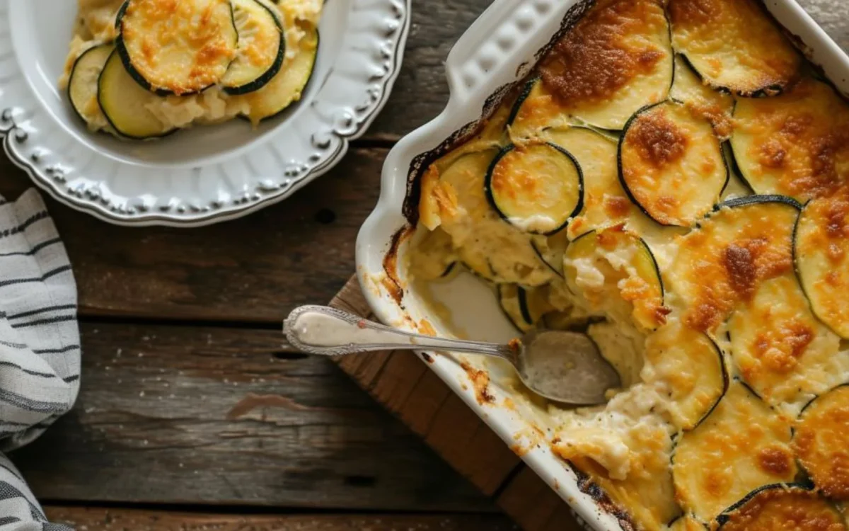 une image d'un gratin de courgettes doré et croustillant sur le dessus, sortant du four dans un plat à gratin traditionnel. Le plat est posé sur une table rustique en bois, avec une cuillère en argent insérée. À côté, une assiette blanche contient une portion du gratin, mettant en avant la texture onctueuse et les couches de courgettes et de fromage fondant. La lumière douce souligne la chaleur et l'aspect accueillant du plat, invitant à la dégustation.